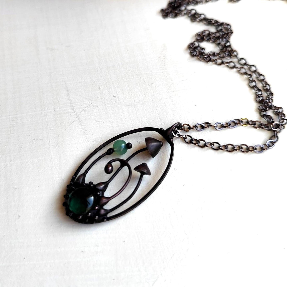 Green Glass Mushroom Forest Pendant – Blackened Copper