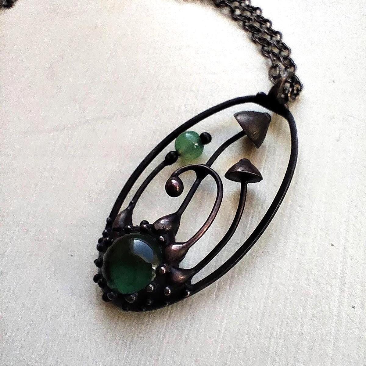 Green Glass Mushroom Forest Pendant – Blackened Copper