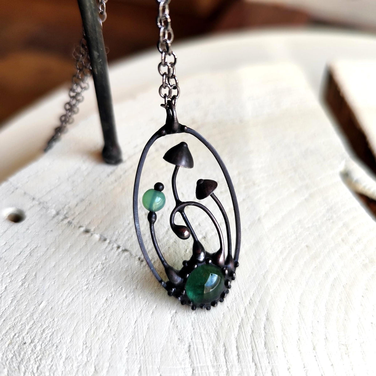 Green Glass Mushroom Forest Pendant – Blackened Copper