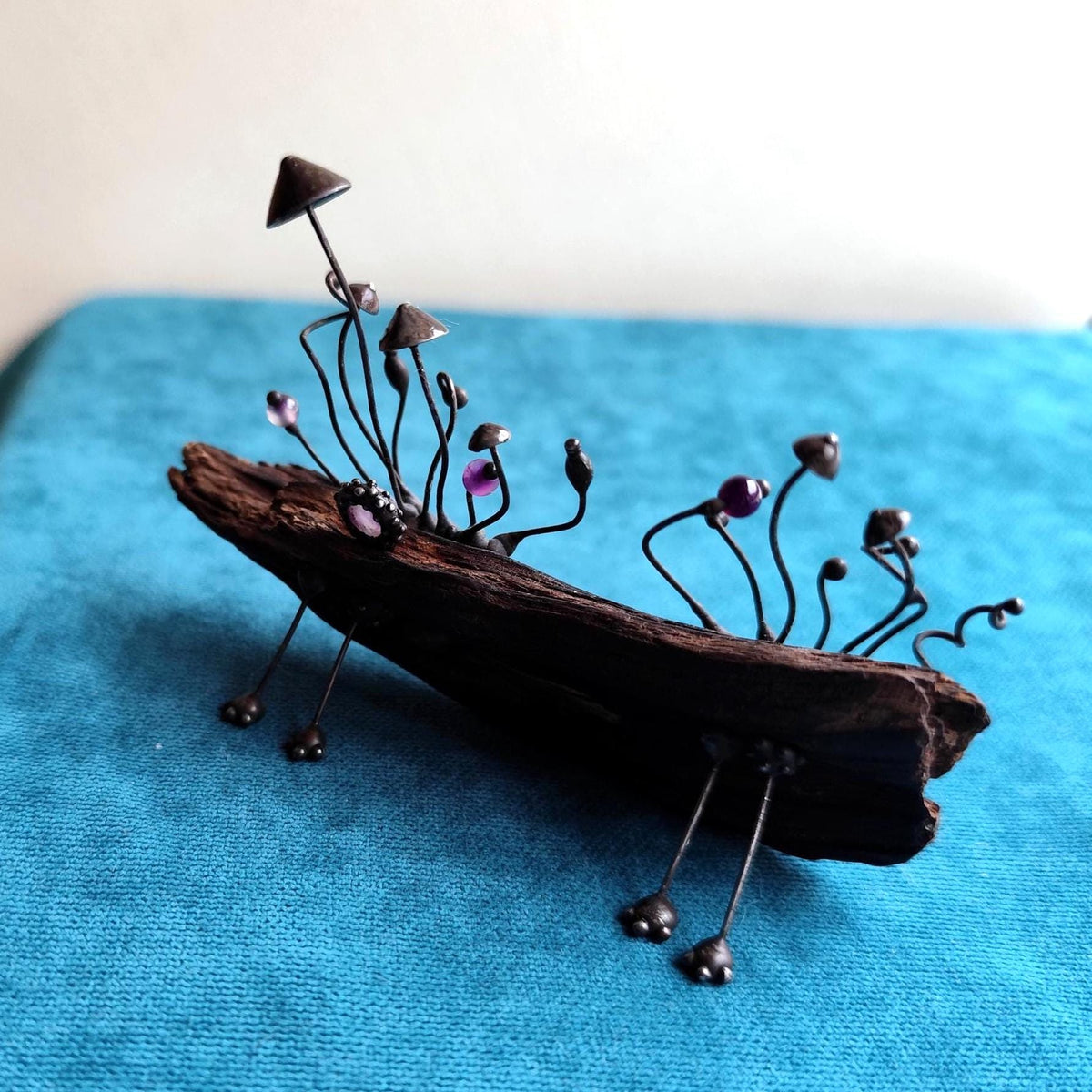 Amethyst Mushroom Forest Sculpture – Blackened Copper