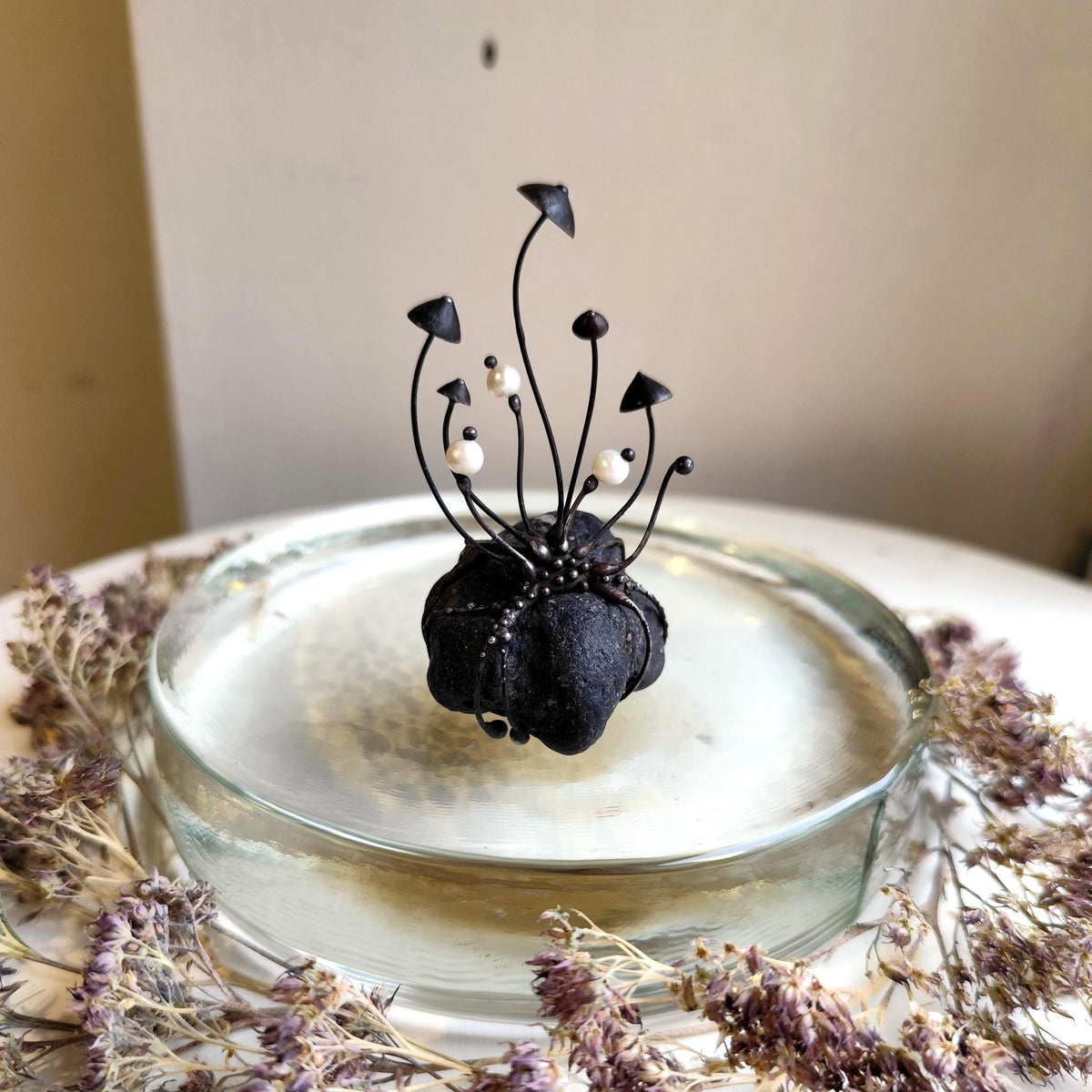 White Pearl Mushroom Sculpture on Baltic Sea Stone – Blackened Copper