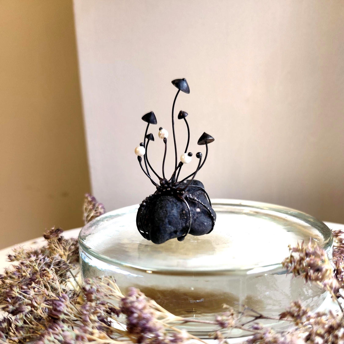 White Pearl Mushroom Sculpture on Baltic Sea Stone – Blackened Copper
