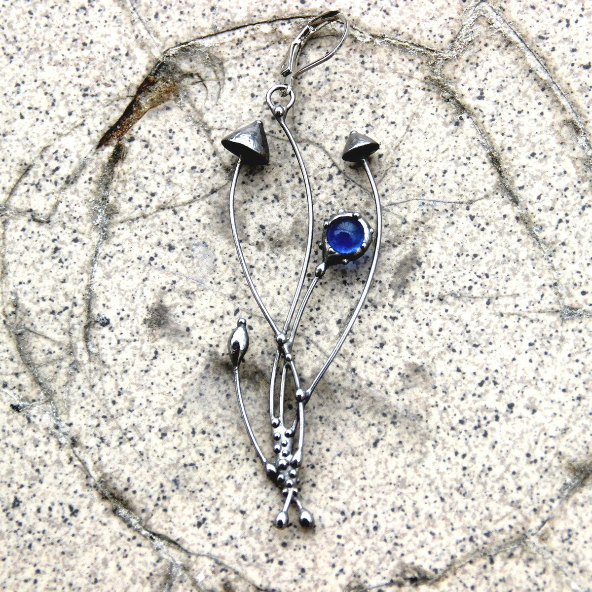 Blue Glass Mushroom Earring – Silver Tone