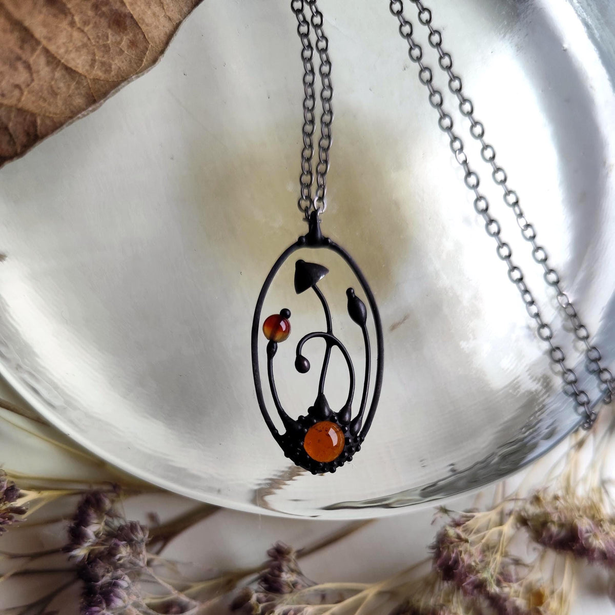 Brown Agate Mushroom Pendant Necklace – Blackened Copper