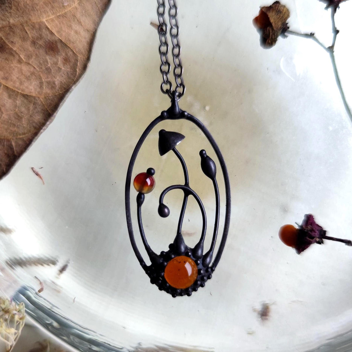 Brown Agate Mushroom Pendant Necklace – Blackened Copper