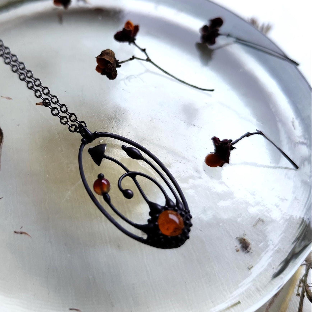 Brown Agate Mushroom Pendant Necklace – Blackened Copper