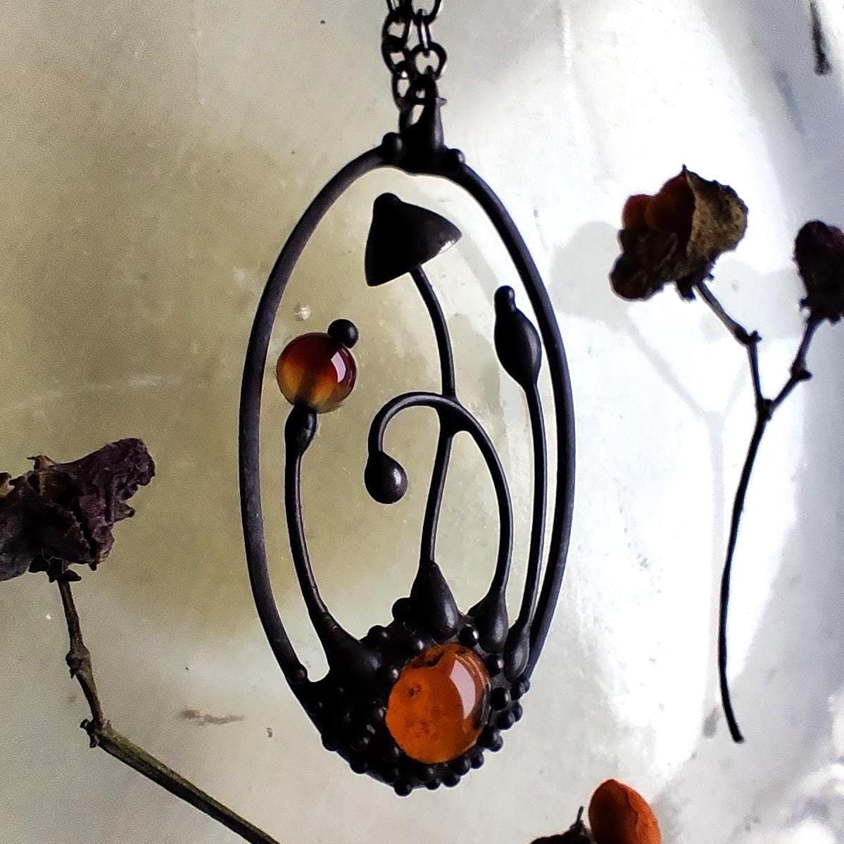 Brown Agate Mushroom Pendant Necklace – Blackened Copper