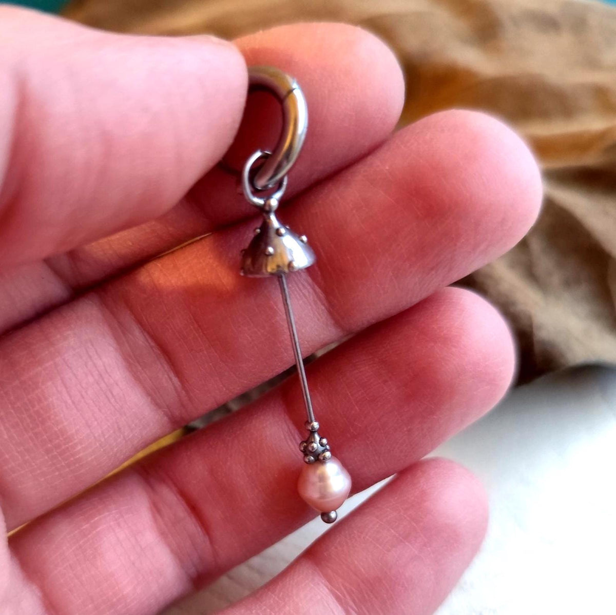 White Pearl Amanita Mushroom Single Earring – Silver Tone
