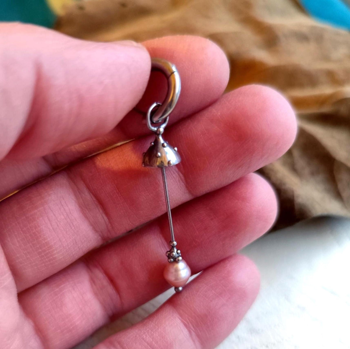 White Pearl Amanita Mushroom Single Earring – Silver Tone