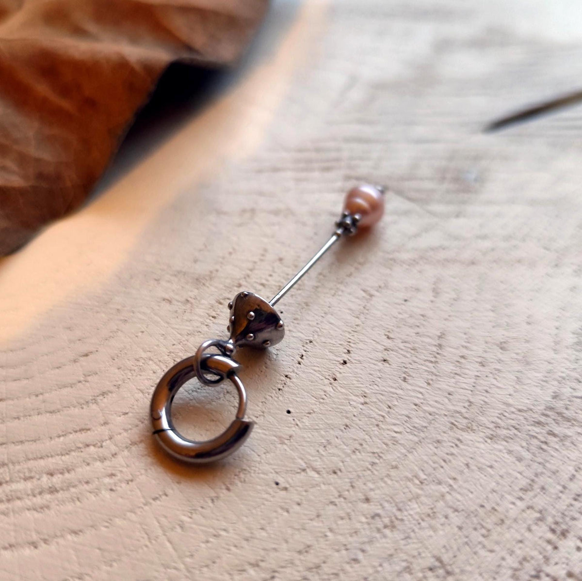 White Pearl Amanita Mushroom Single Earring – Silver Tone