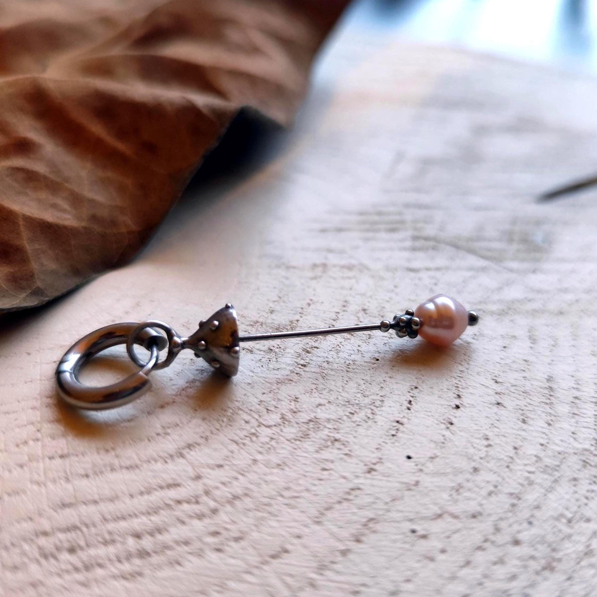 White Pearl Amanita Mushroom Single Earring – Silver Tone