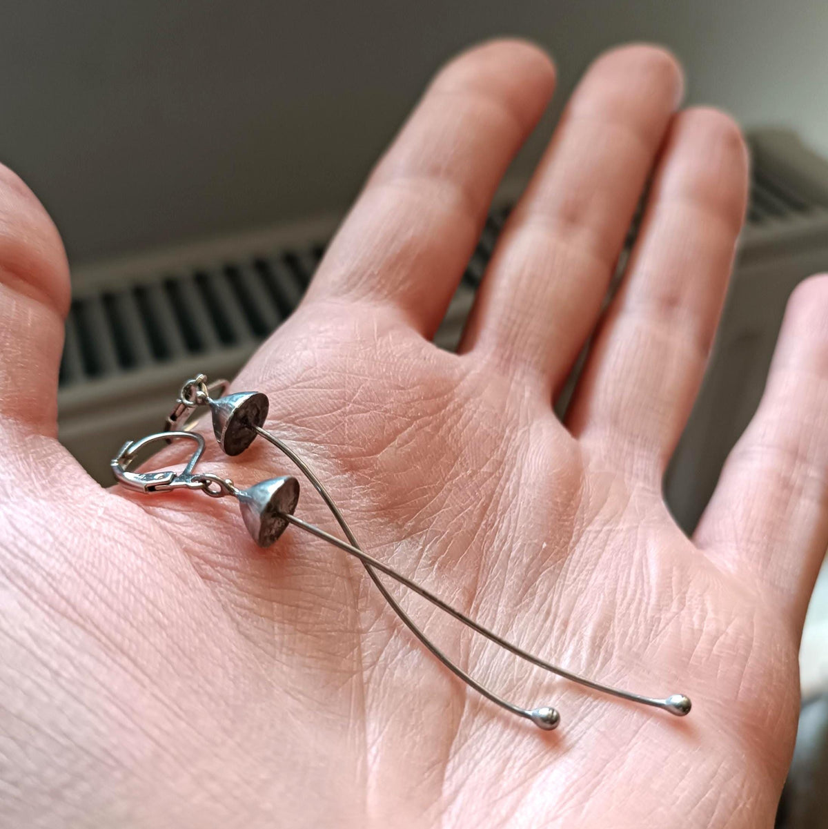 Silver Tone Long Stem Mushroom Earrings