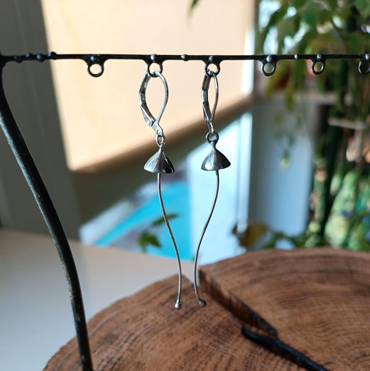 Silver Tone Long Stem Mushroom Earrings