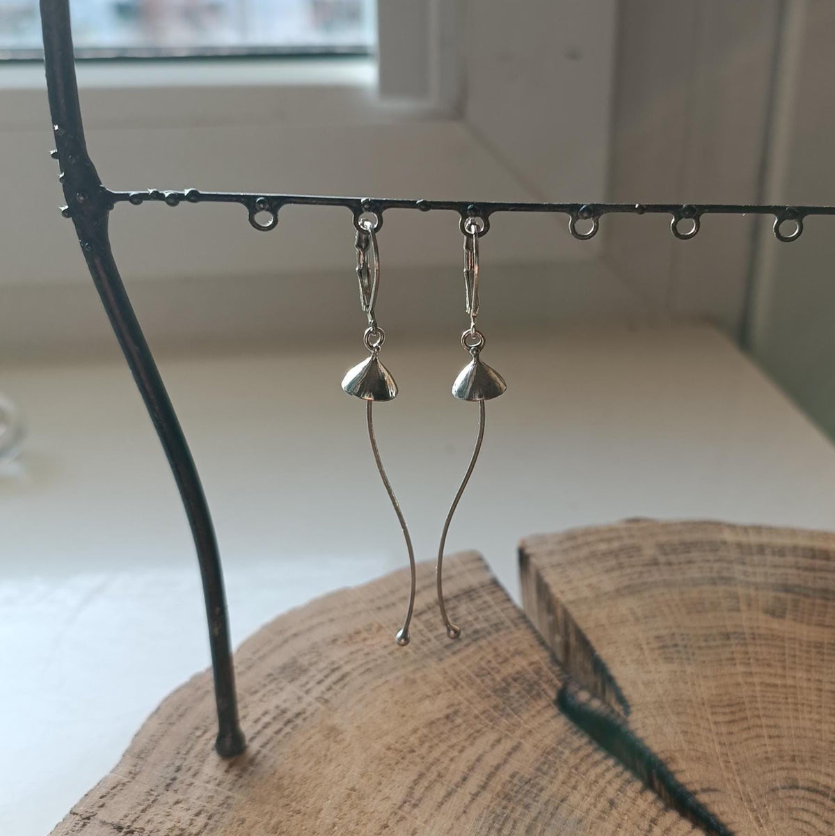 Silver Tone Long Stem Mushroom Earrings