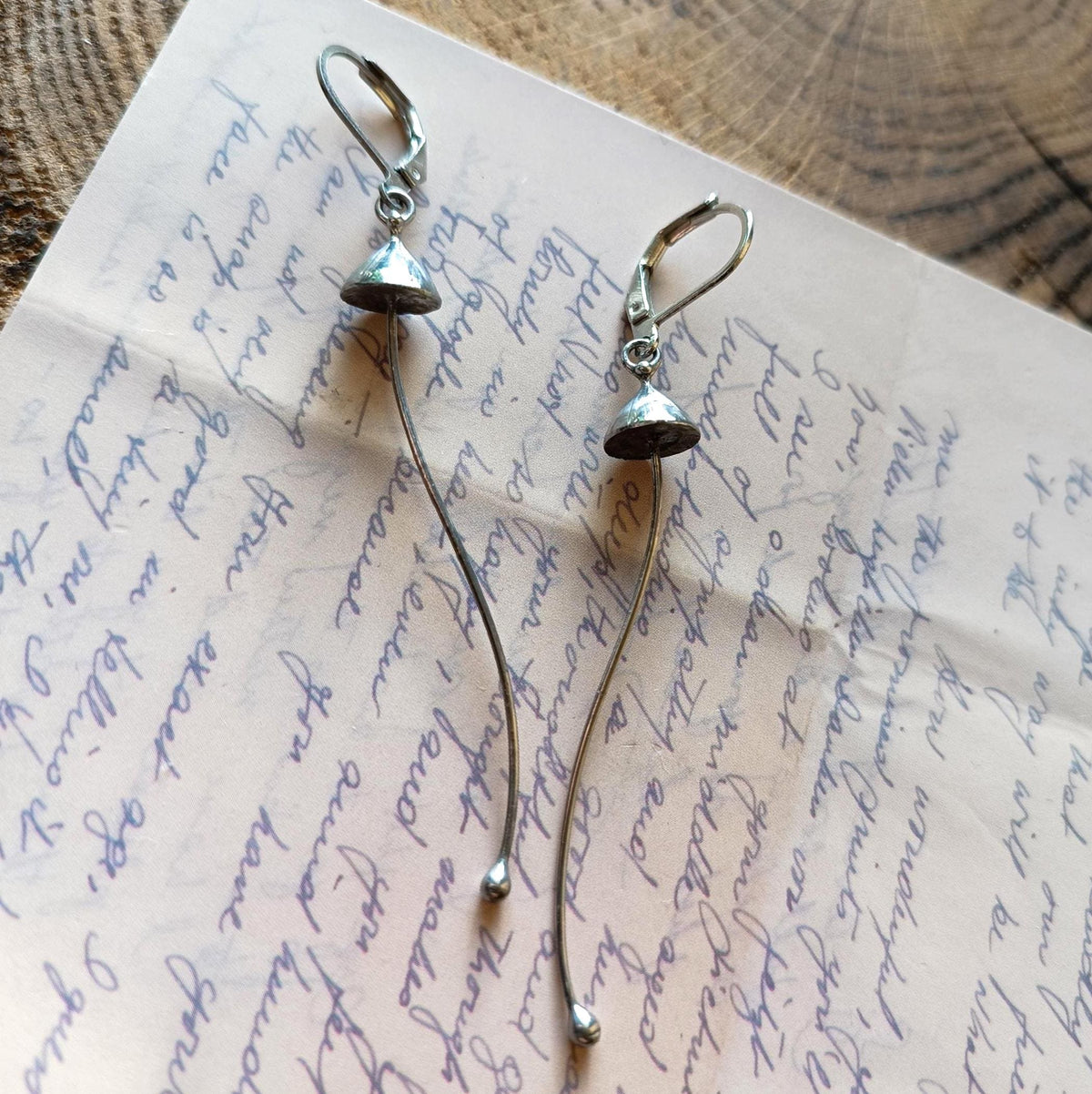 Silver Tone Long Stem Mushroom Earrings