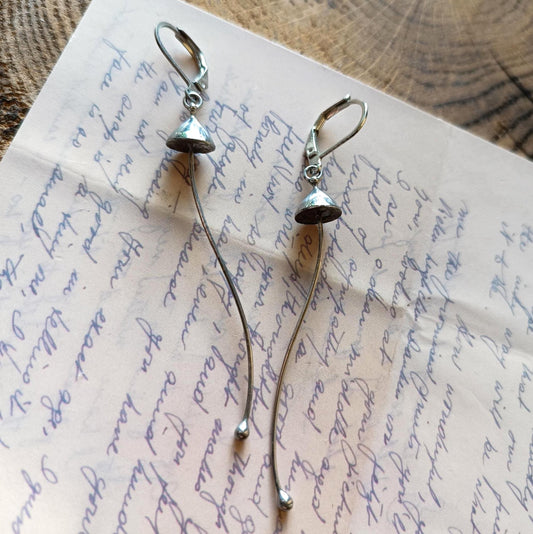 Silver Tone Long Stem Mushroom Earrings