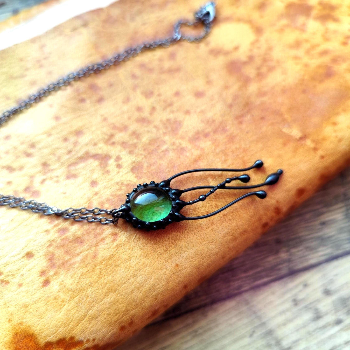 Green Glass Jellyfish Necklace – Copper & Pewter