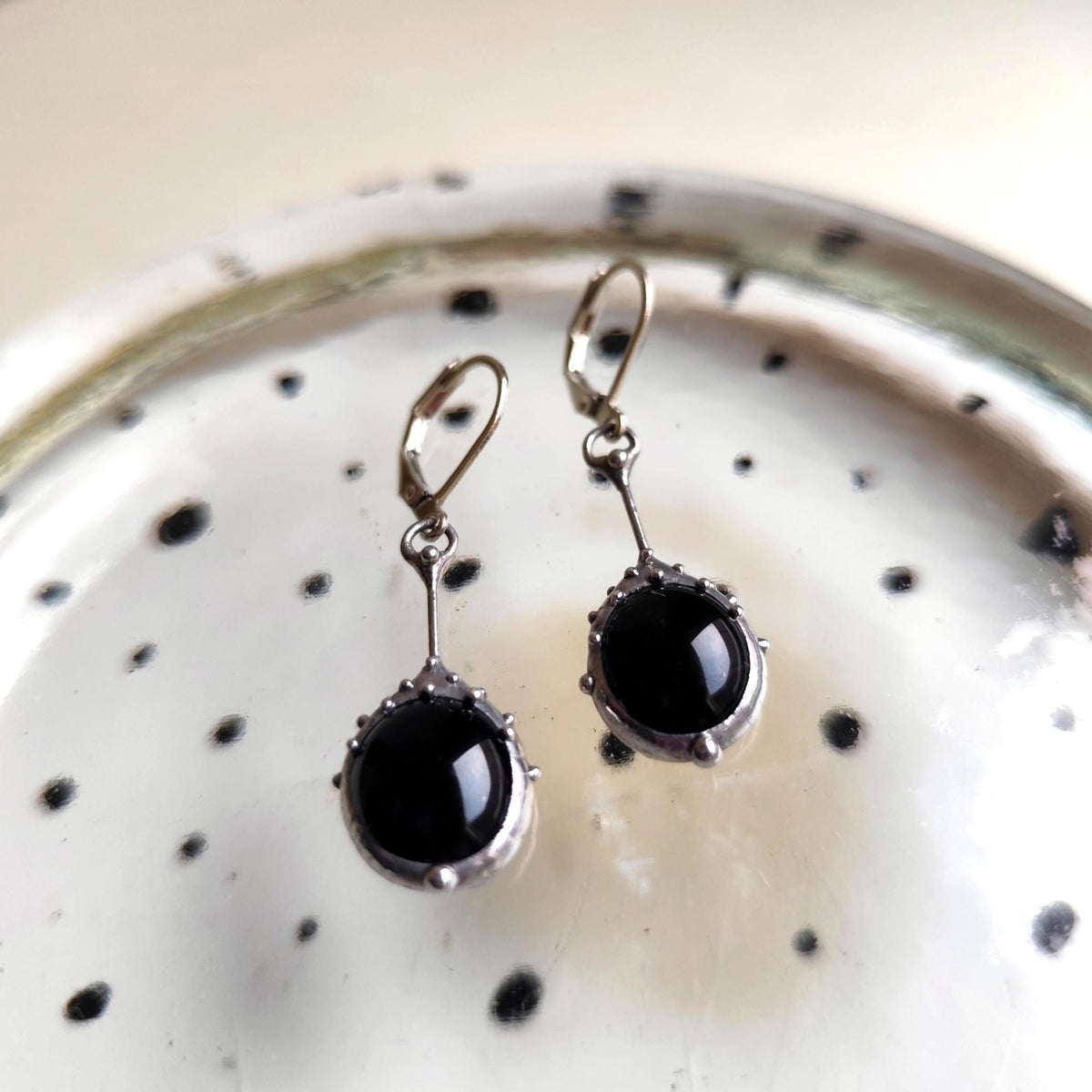 Black Glass Drop Earrings – Silver Tone