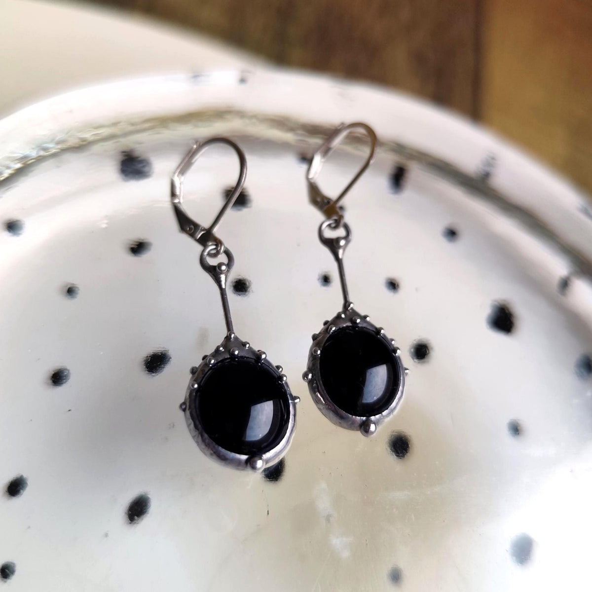 Black Glass Drop Earrings – Silver Tone