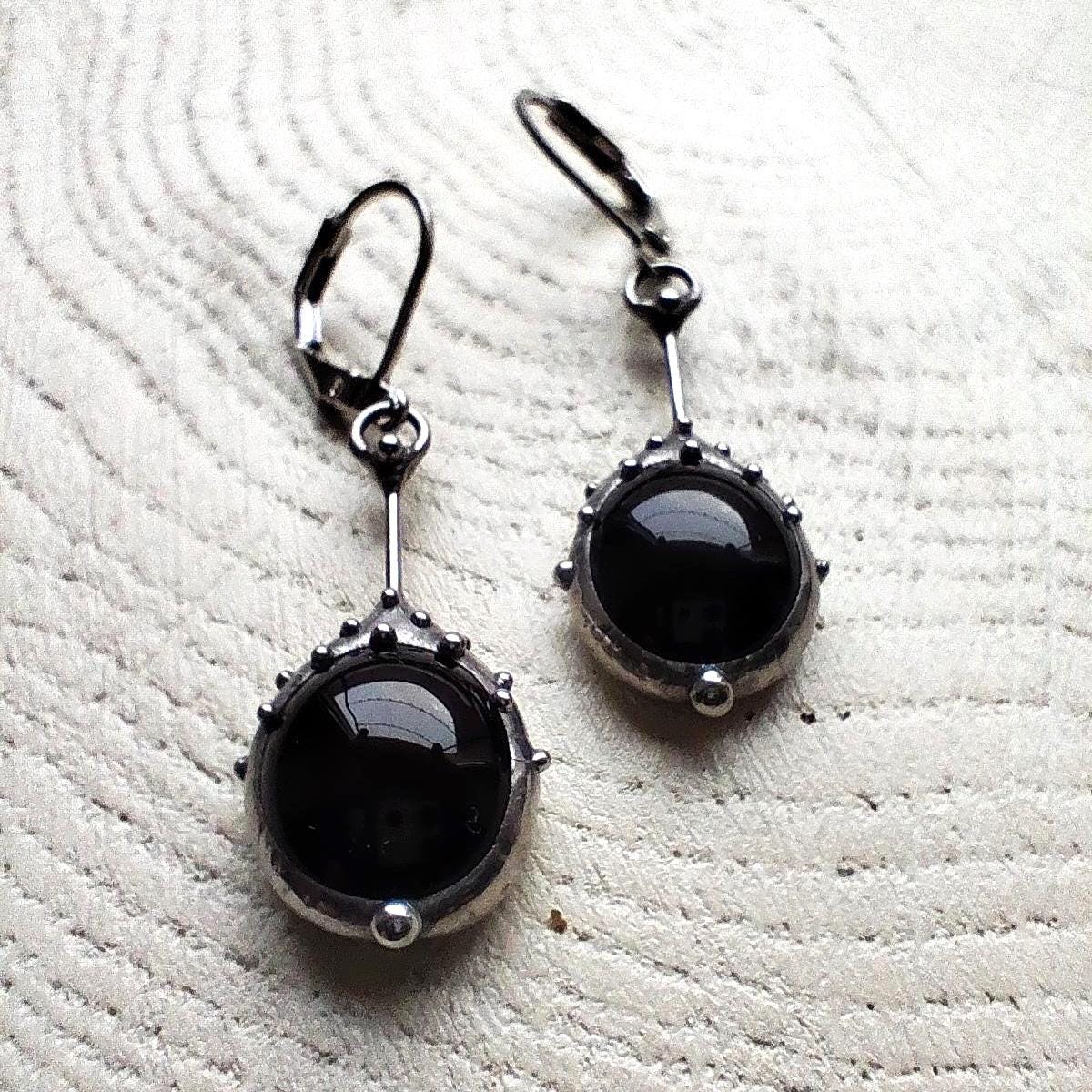 Black Glass Drop Earrings – Silver Tone