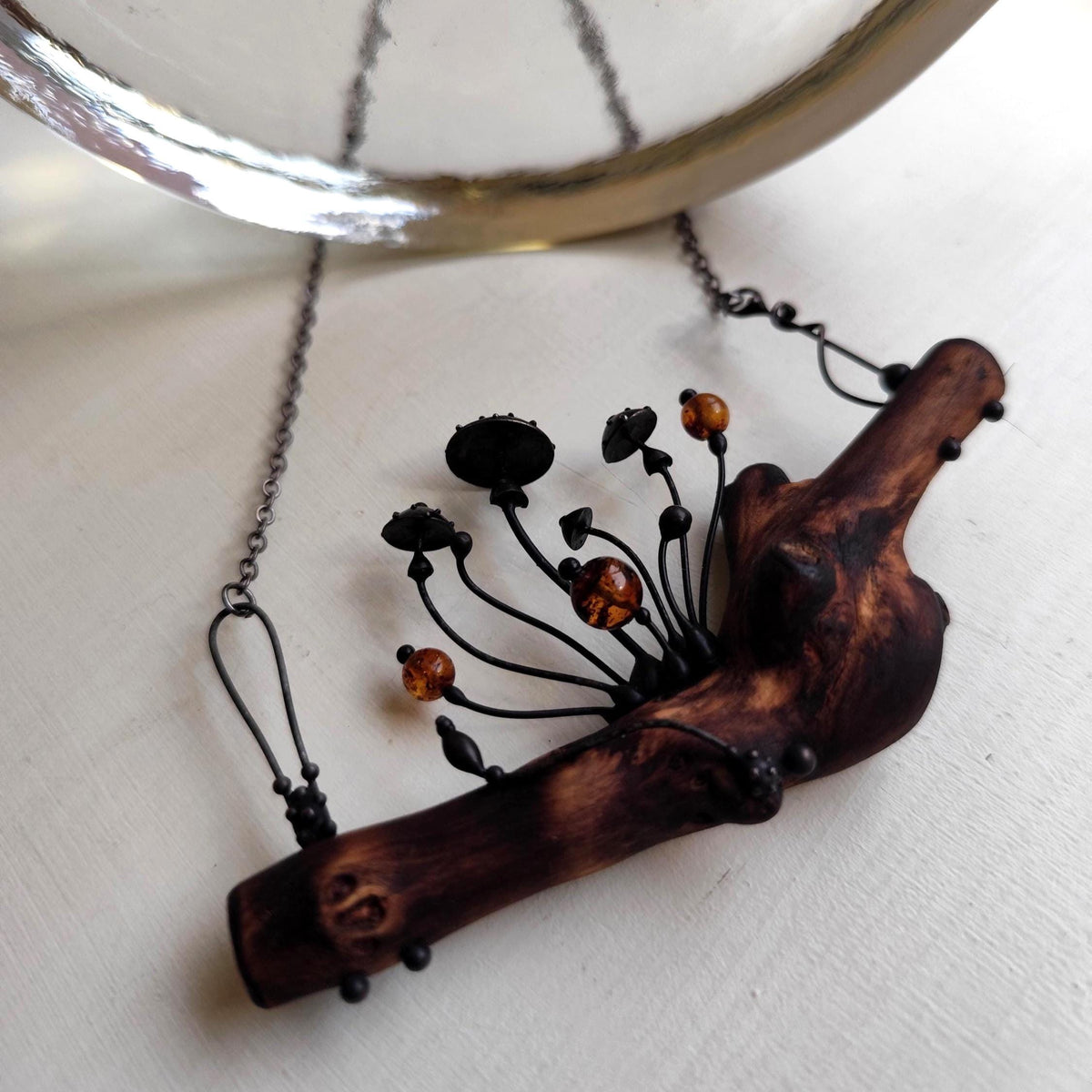 Woodland Mushroom Branch Necklace with Amber – Blackened Copper