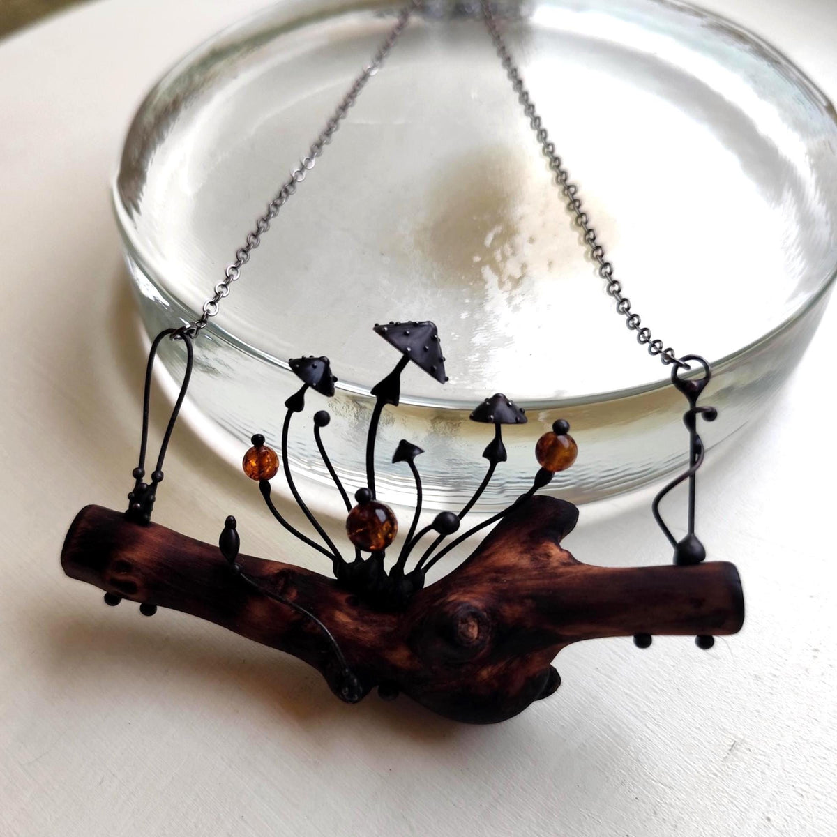 Woodland Mushroom Branch Necklace with Amber – Blackened Copper