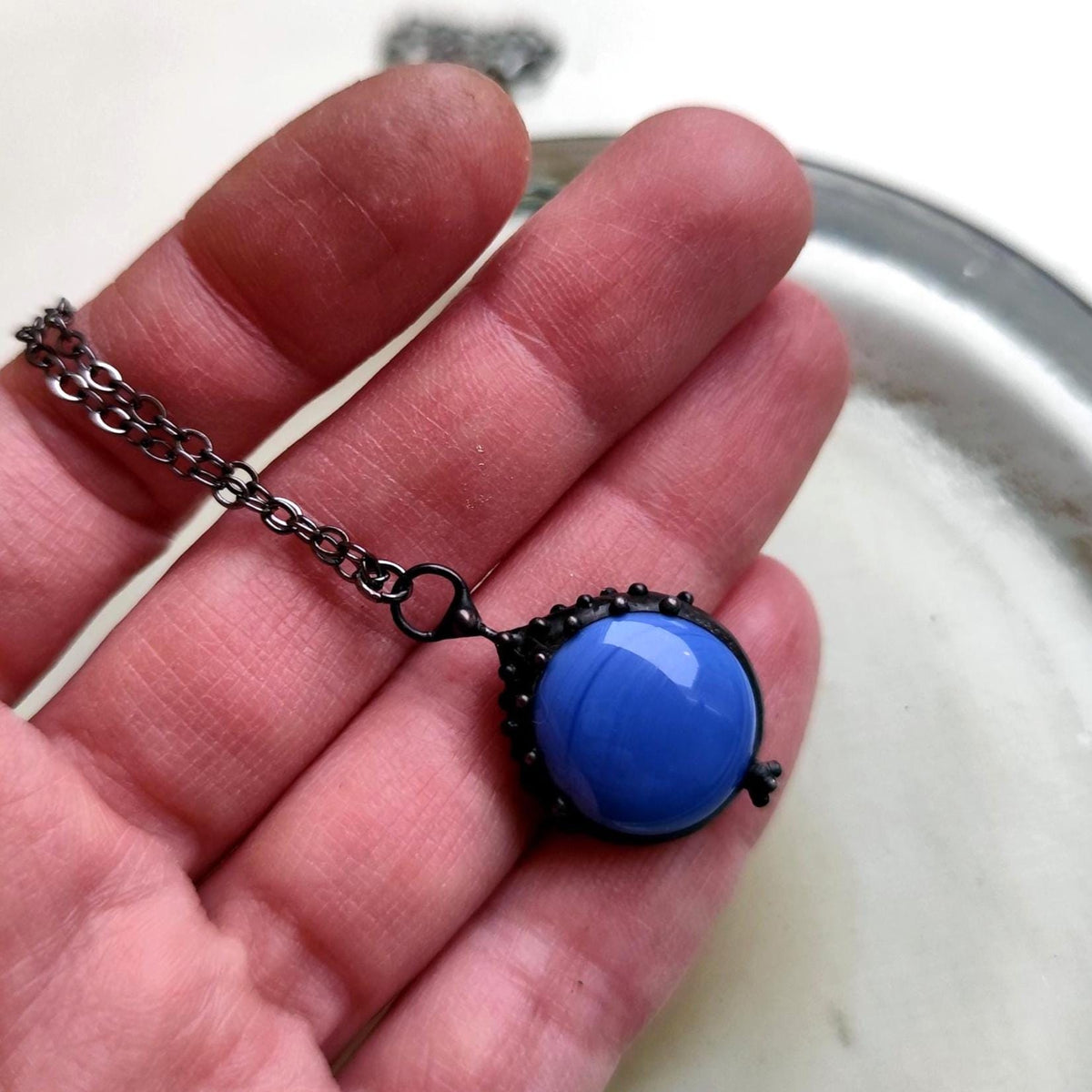 Blue Glass Choker Necklace – Blackened Copper