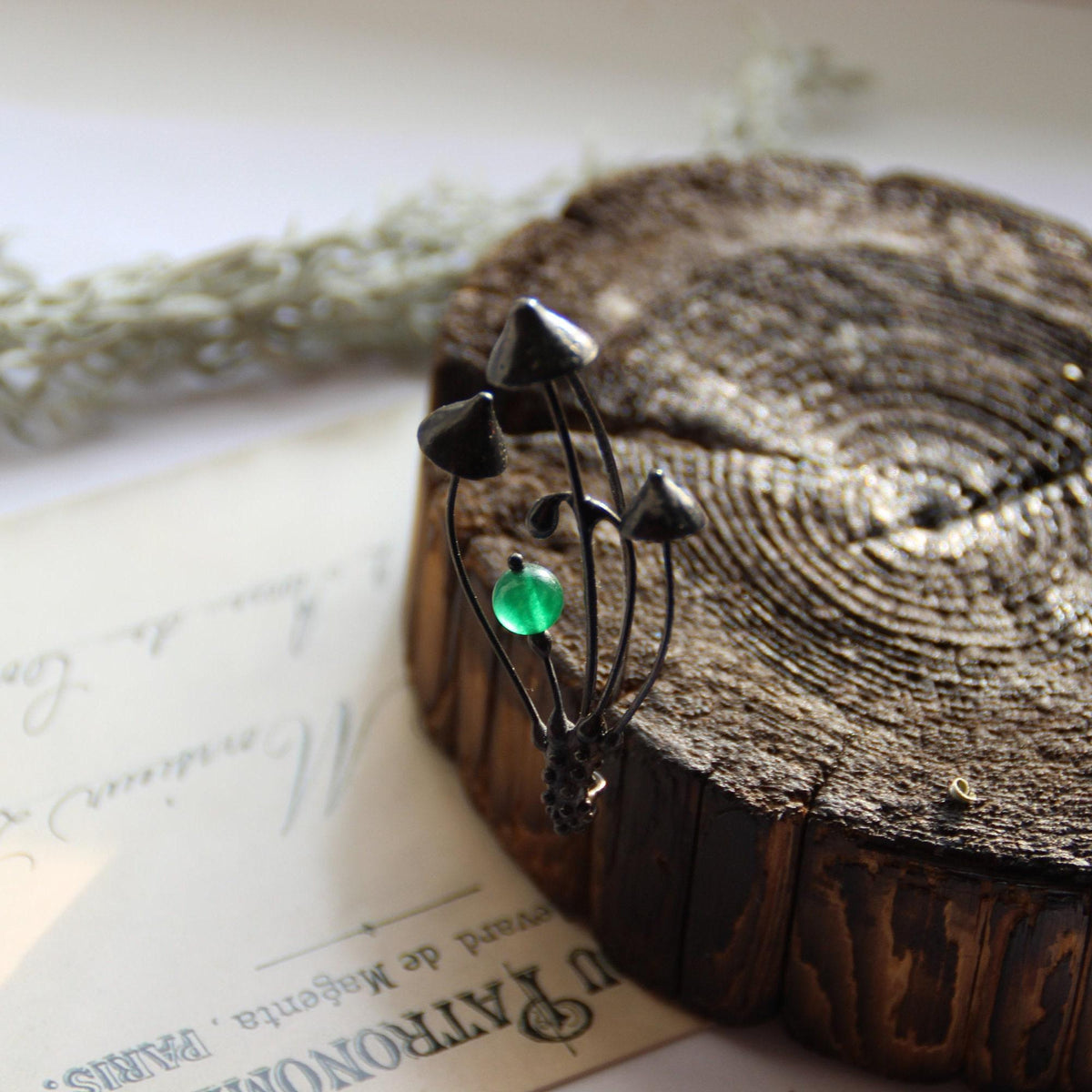 Green Glass Mushroom Brooch – Blackened Copper