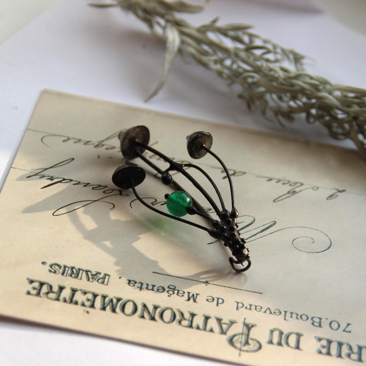 Green Glass Mushroom Brooch – Blackened Copper