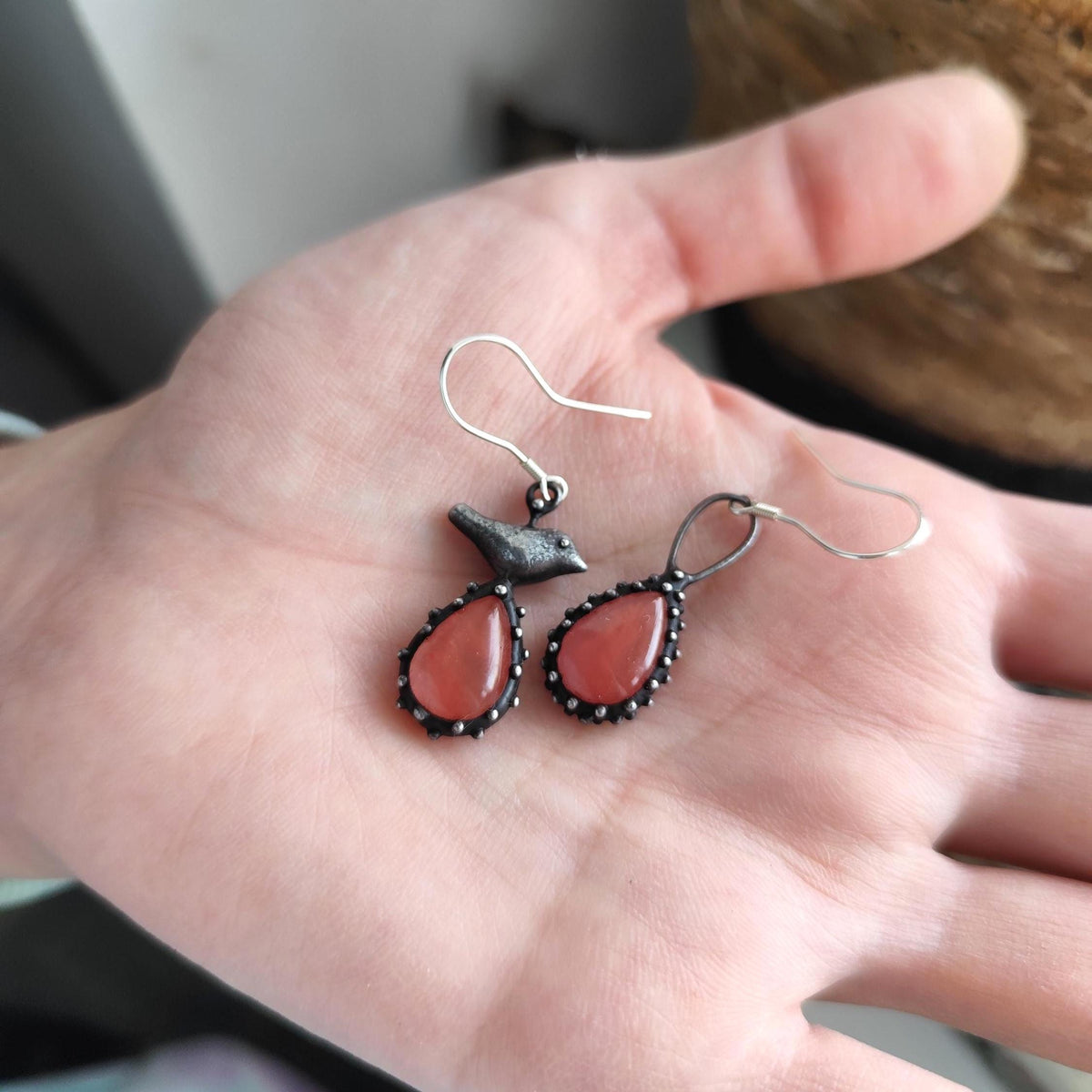 Asymmetrical Bird Earrings with Pink Quartz – Blackened Copper