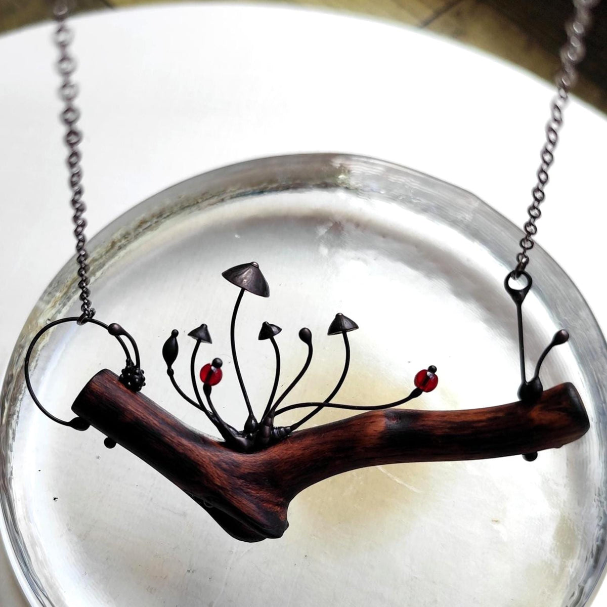 Wood Mushroom Necklace with Red Glass