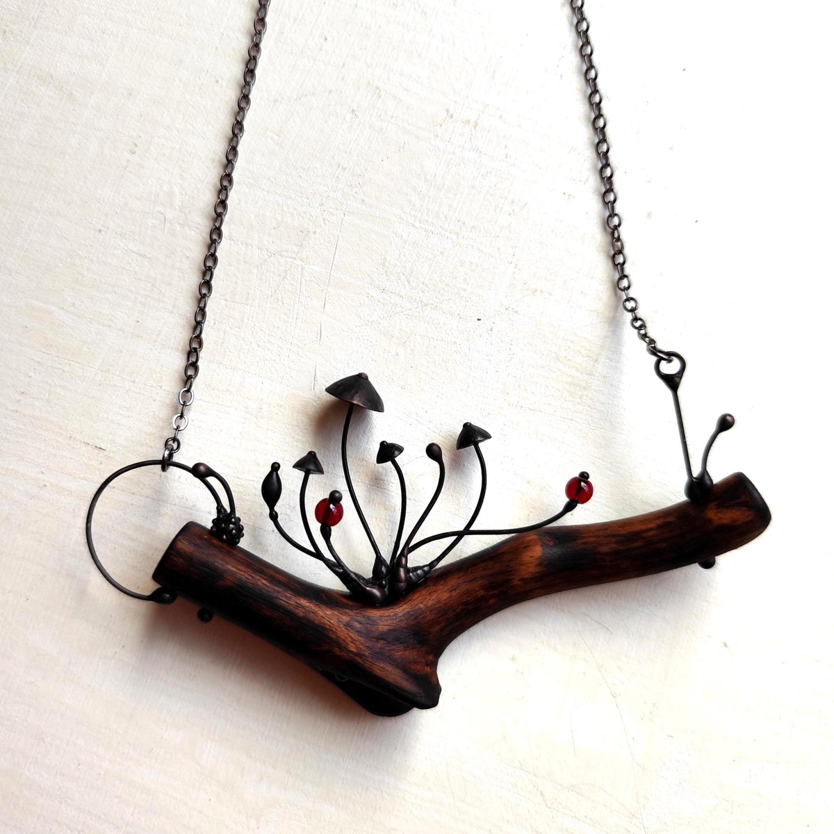 Wood Mushroom Necklace with Red Glass