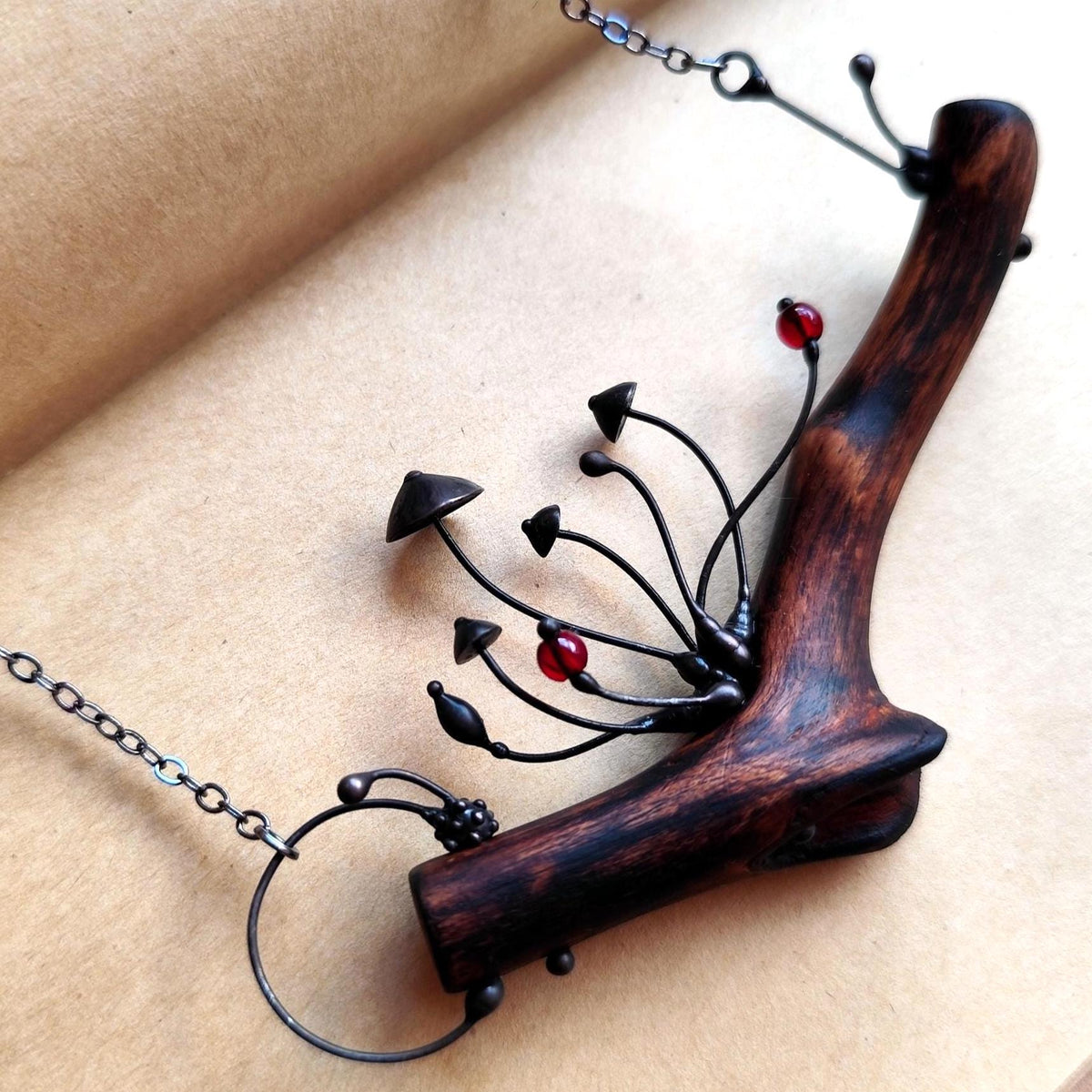 Wood Mushroom Necklace with Red Glass