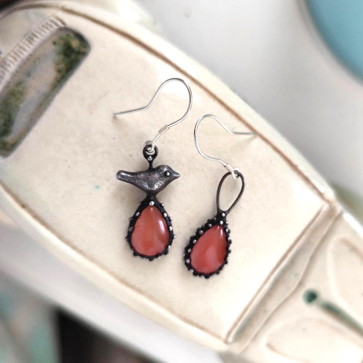 Asymmetrical Bird Earrings with Pink Quartz – Blackened Copper