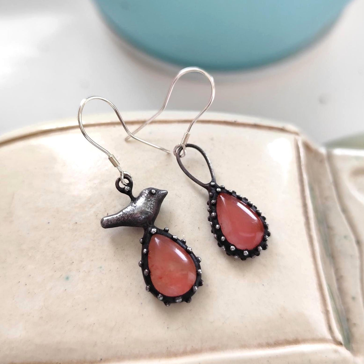 Asymmetrical Bird Earrings with Pink Quartz – Blackened Copper