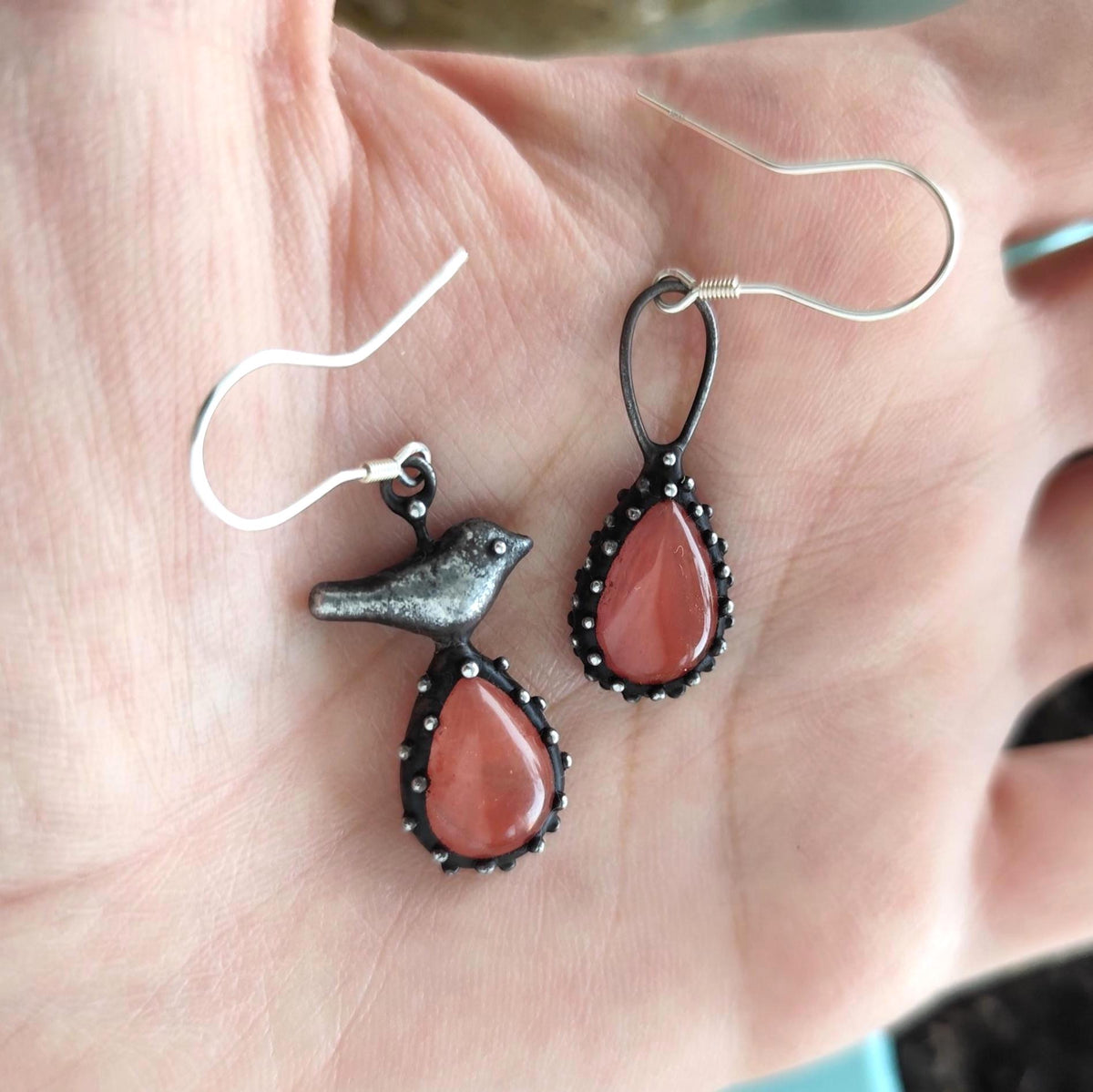 Asymmetrical Bird Earrings with Pink Quartz – Blackened Copper