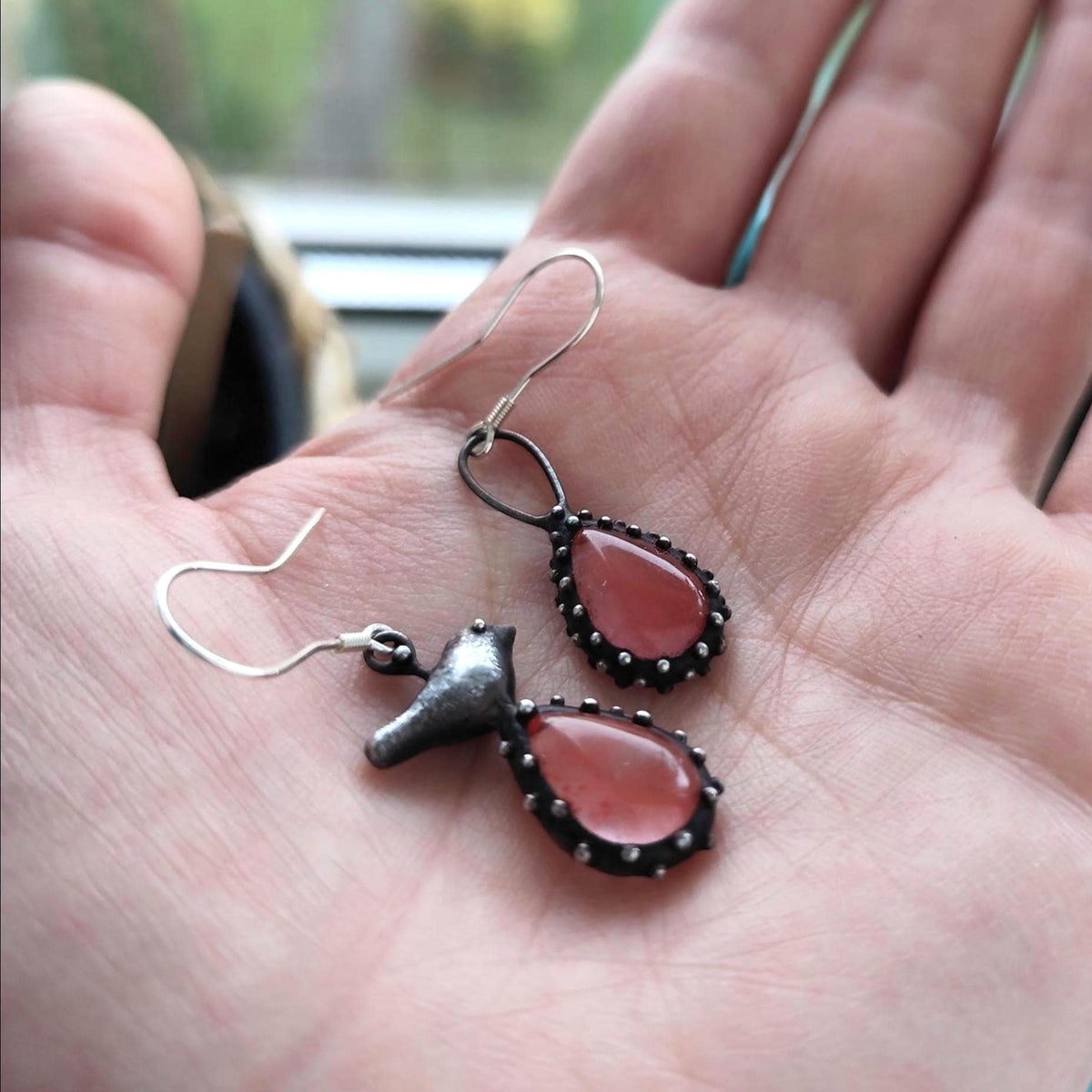 Asymmetrical Bird Earrings with Pink Quartz – Blackened Copper