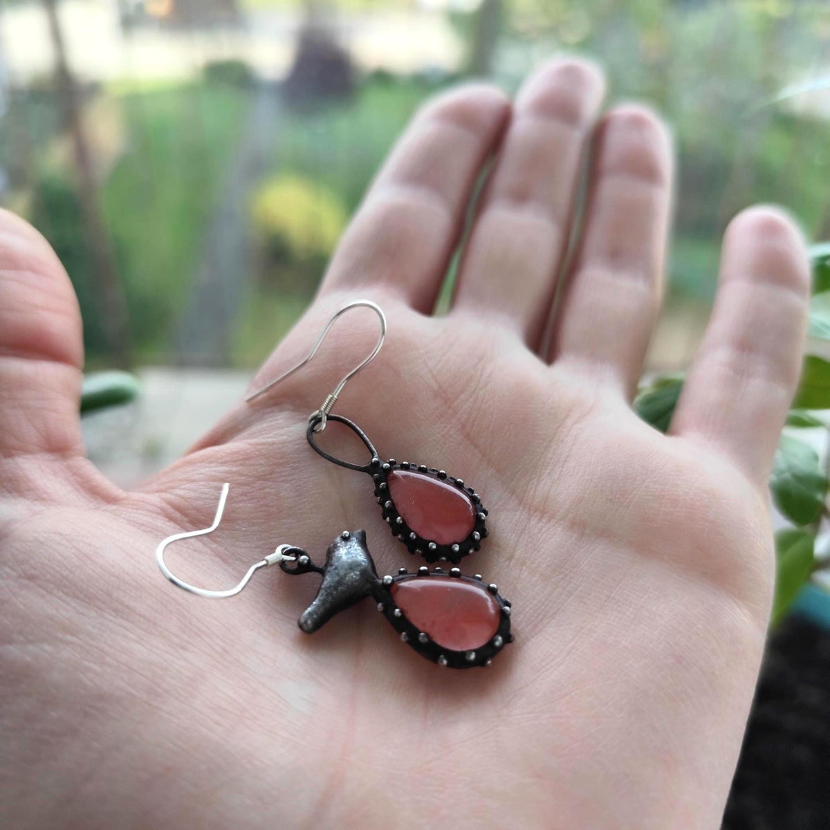 Asymmetrical Bird Earrings with Pink Quartz – Blackened Copper