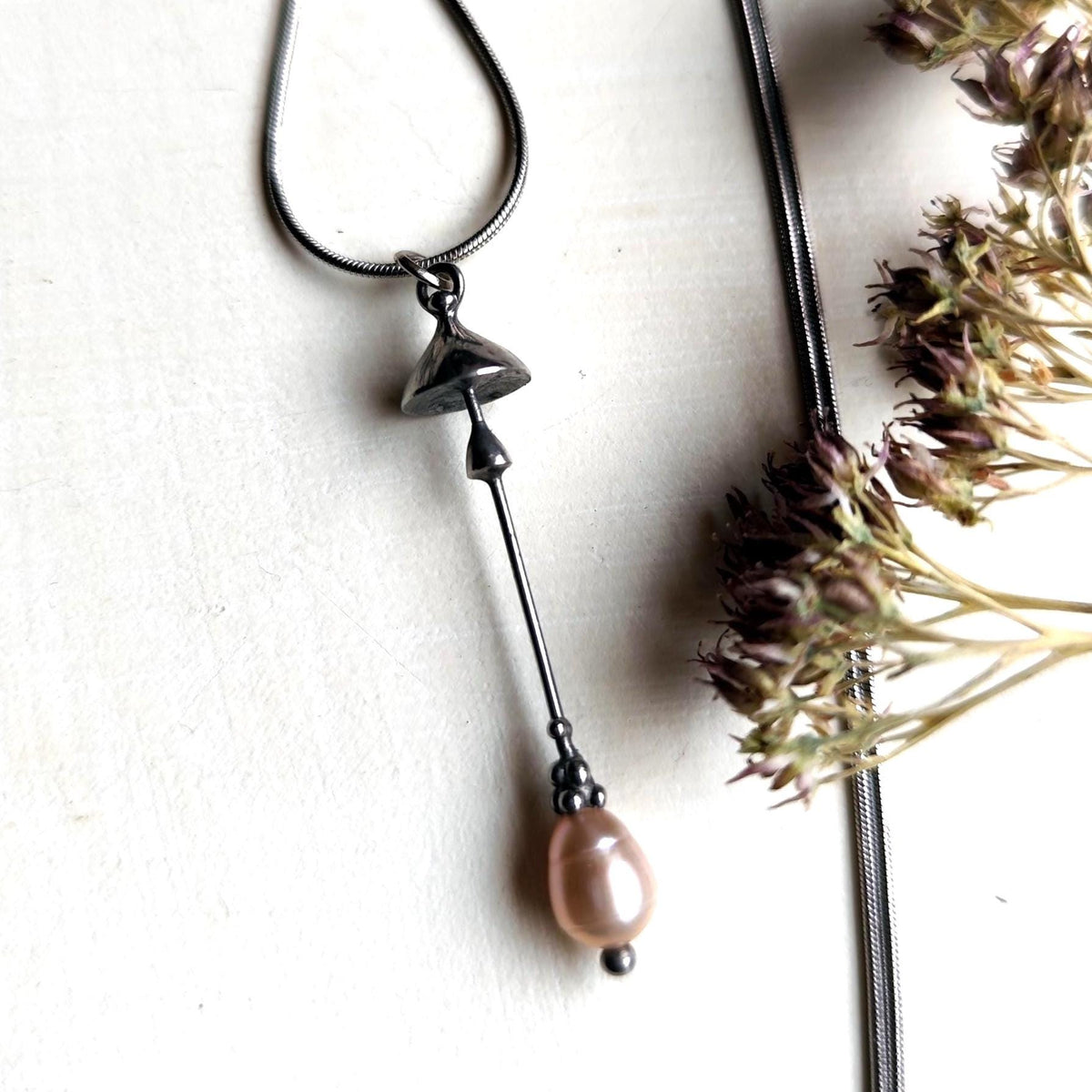 Pearl Mushroom Necklace – Silver Tone