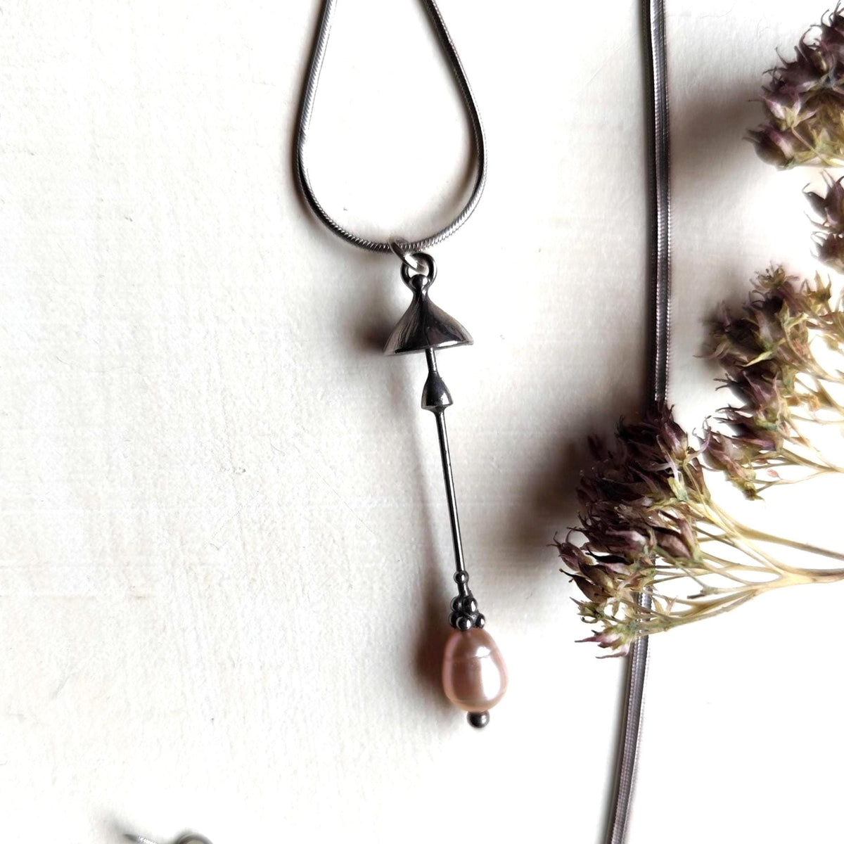 Pearl Mushroom Necklace – Silver Tone