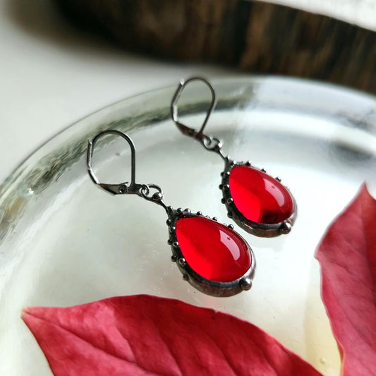 Red Kiln-Fused Glass Drop Earrings – Silver Tone