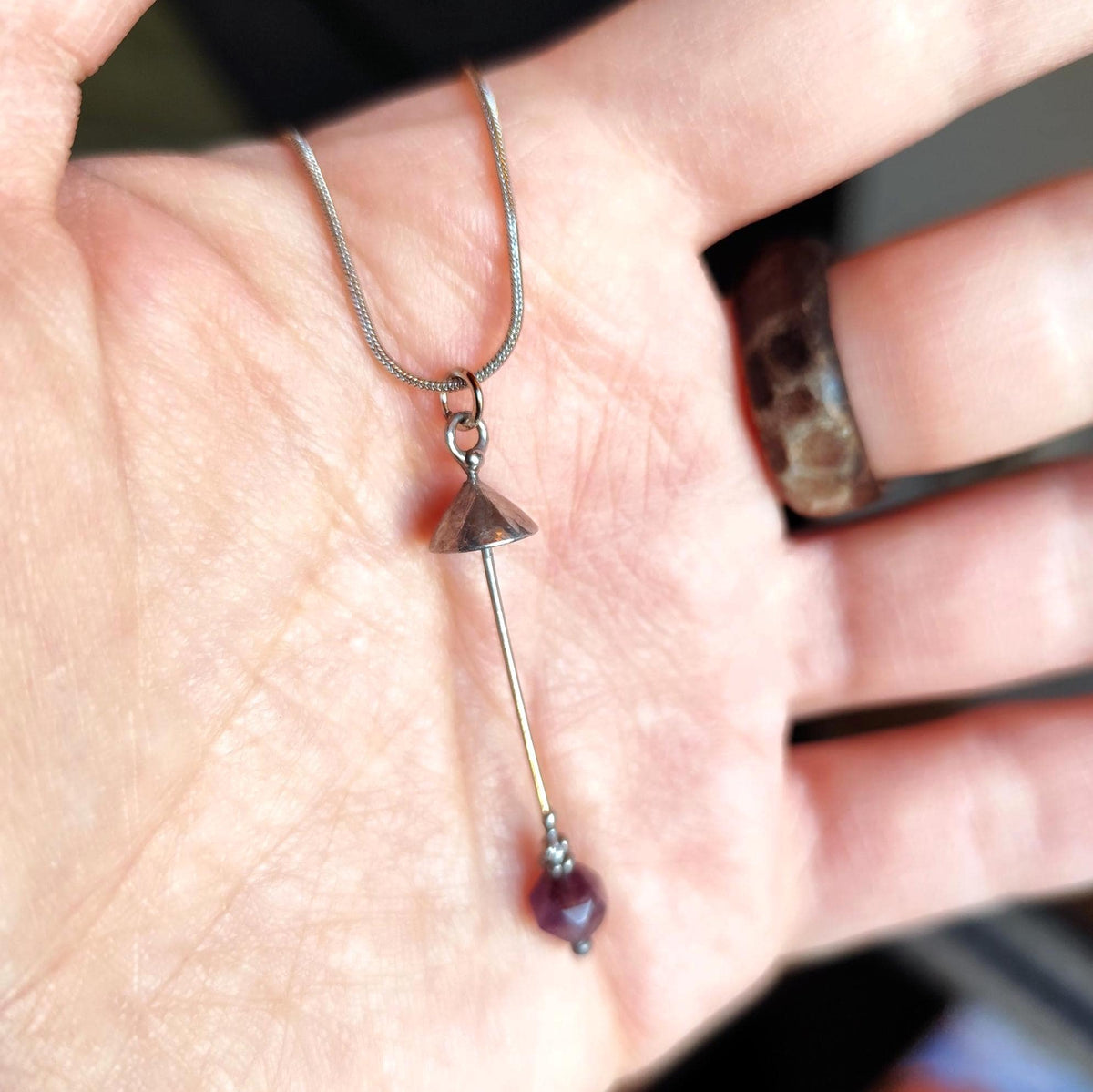 Amethyst Mushroom Pendant Necklace – Silver Tone