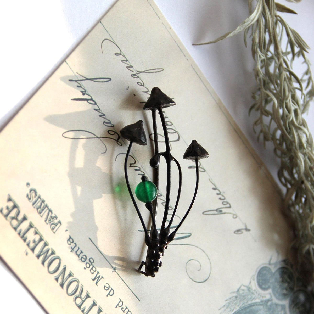 Green Glass Mushroom Brooch – Blackened Copper