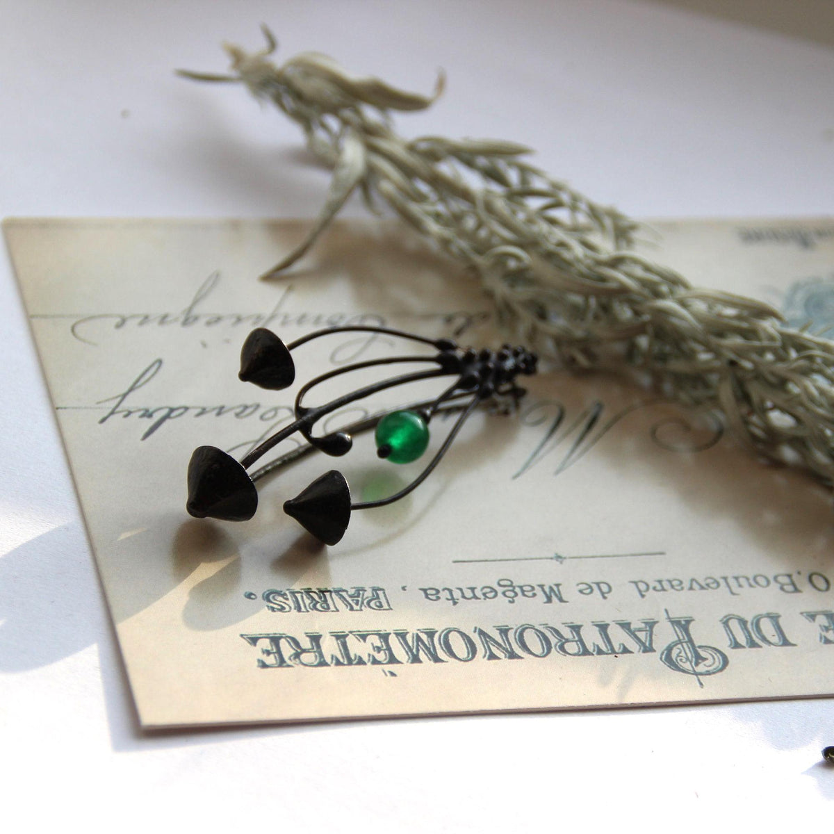 Green Glass Mushroom Brooch – Blackened Copper