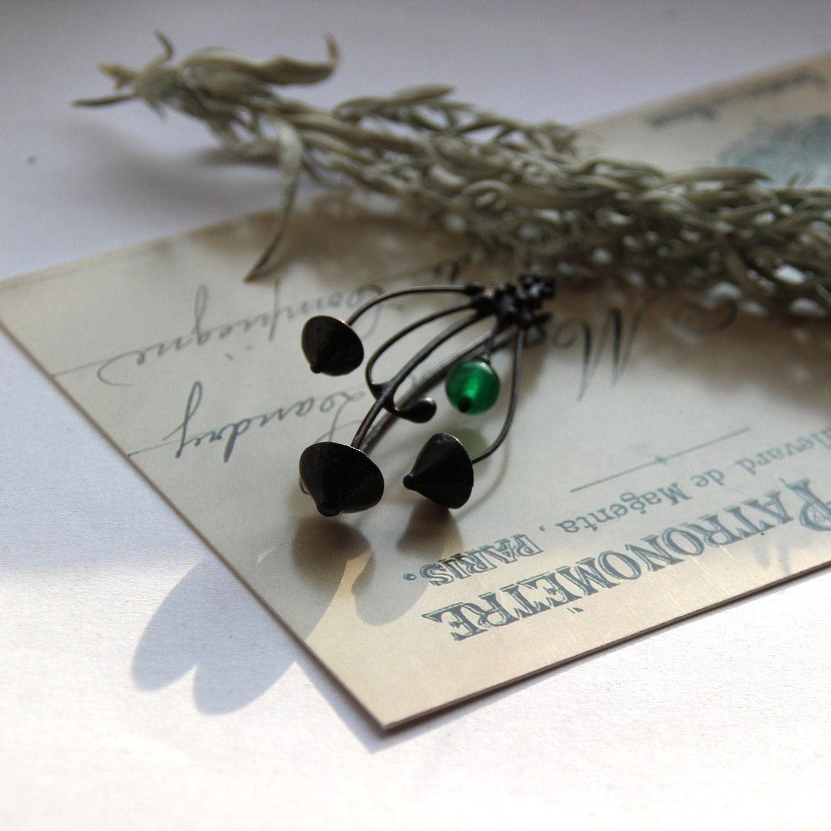 Green Glass Mushroom Brooch – Blackened Copper