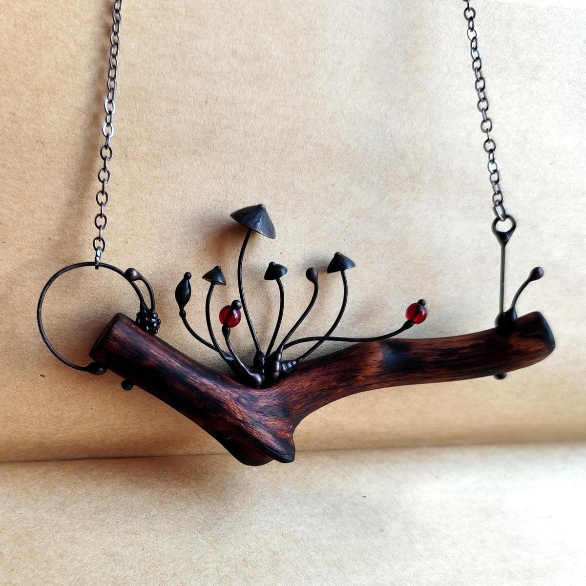 Wood Mushroom Necklace with Red Glass