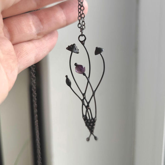 Amethyst Mushroom Necklace – Blackened Copper Forest Pendant – Botanical