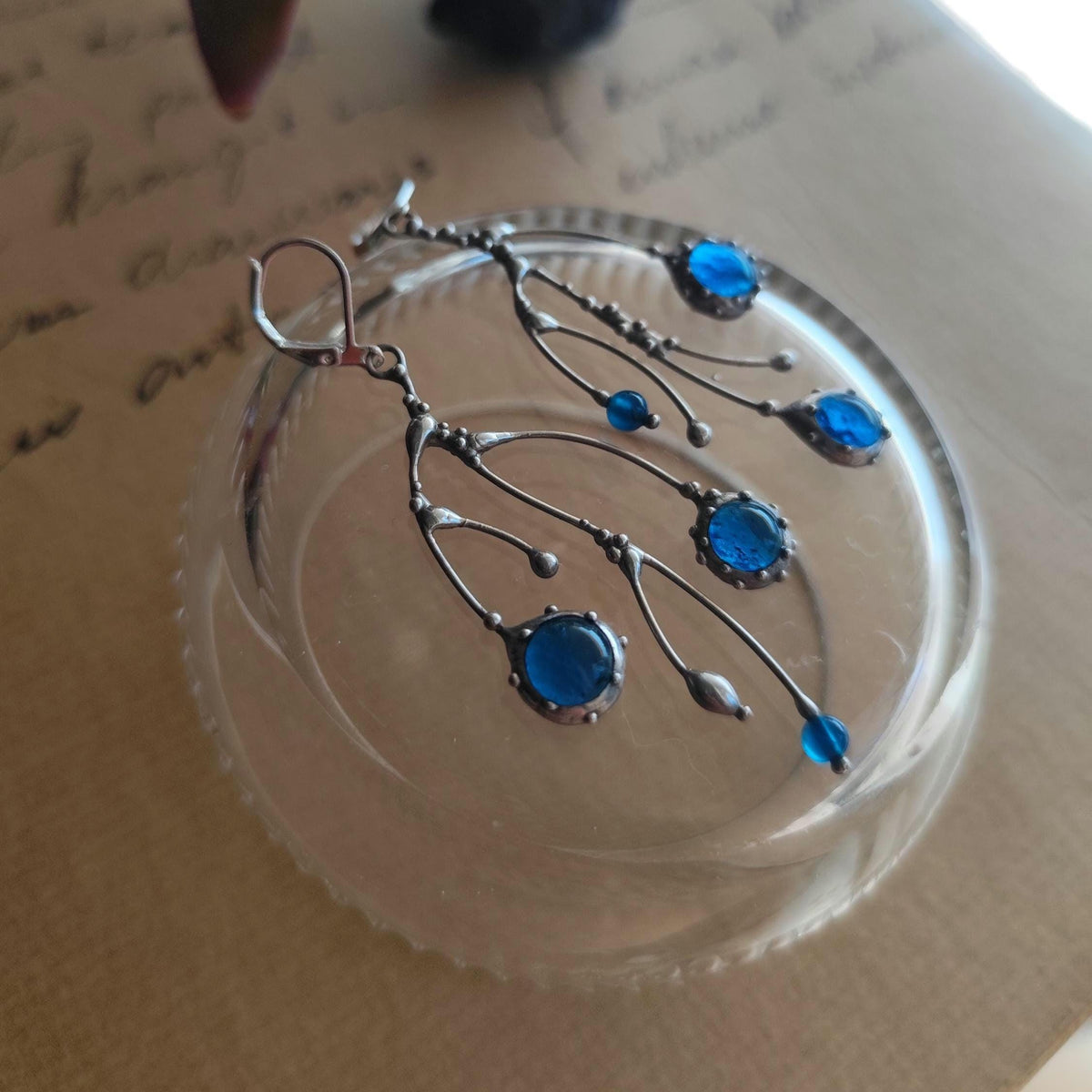 Cobalt Blue Glass Branch Earrings – Silver Tone