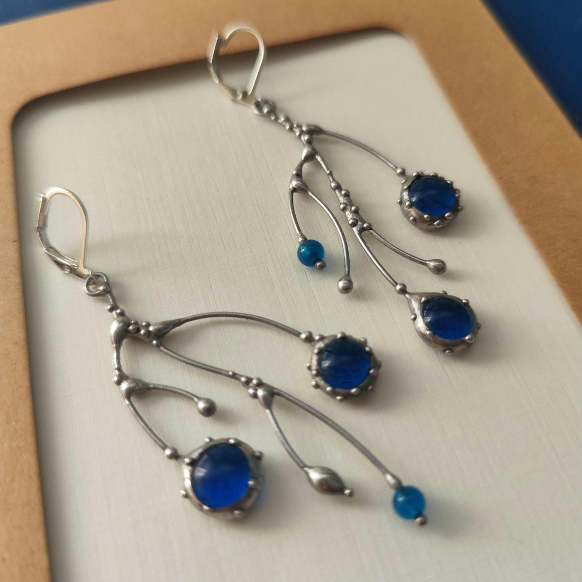 Cobalt Blue Glass Branch Earrings – Silver Tone