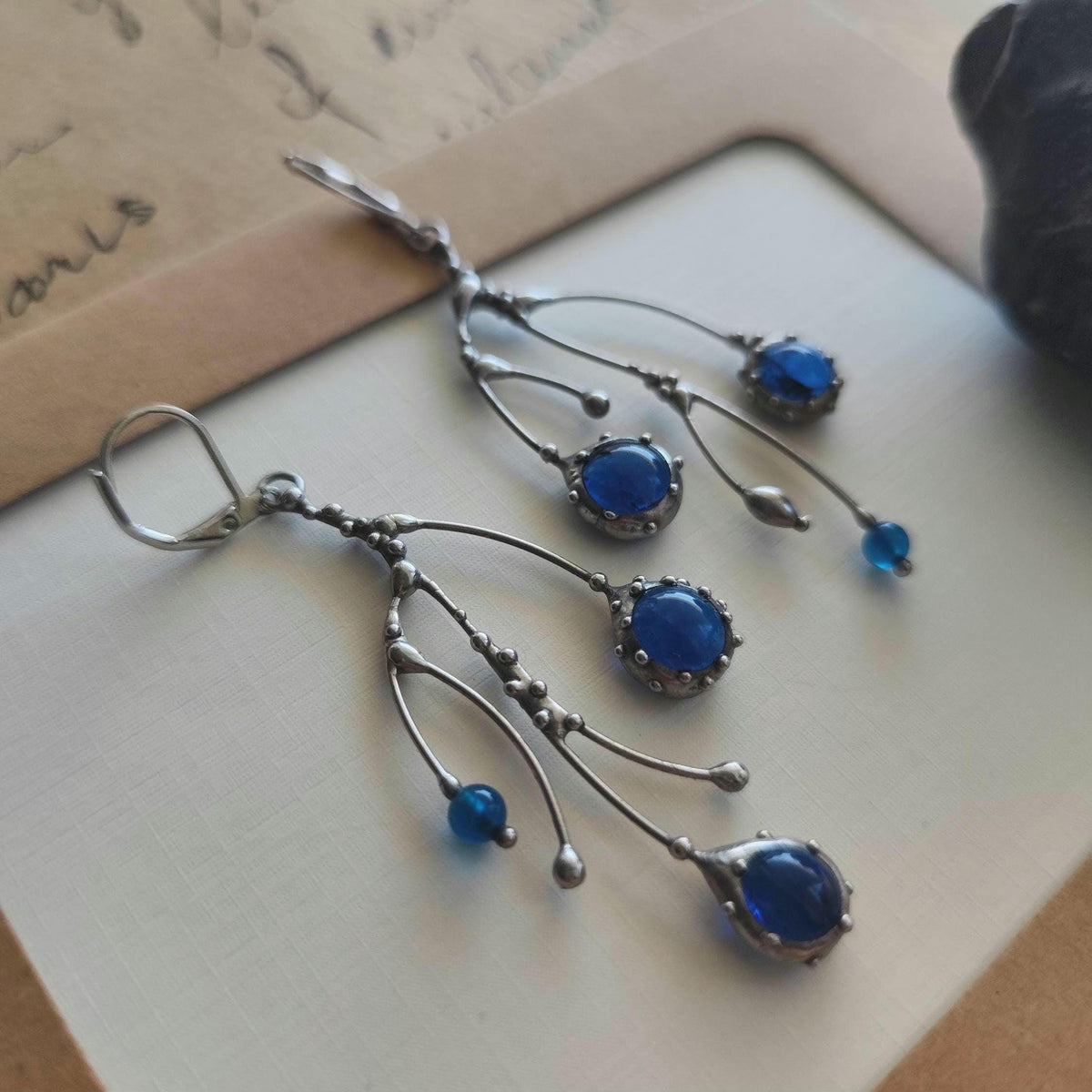 Cobalt Blue Glass Branch Earrings – Silver Tone